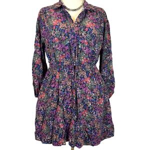 Floral Peasant Mini Dress Long Sleeve Cinched Waist Large Cottagecore Soft Flowy